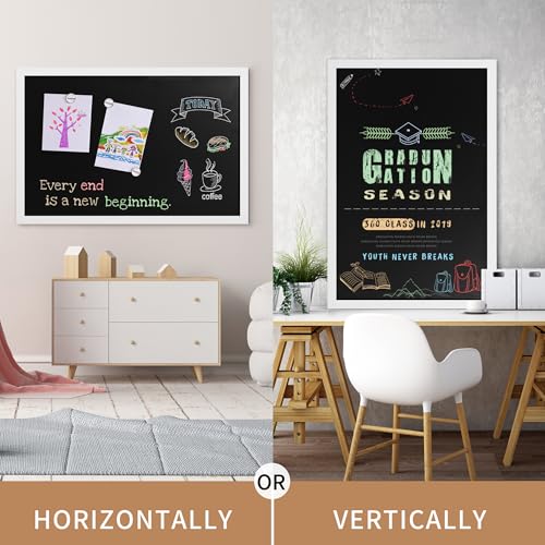 Rustic Wood Framed Magnetic Chalkboard 24 x 36, Large Hanging Chalk Board Sign for Kids, Non-Porous Wall Blackboard for Wedding Kitchen Restaurant Menu and Home with 4 Unique Magnets, White - color: White