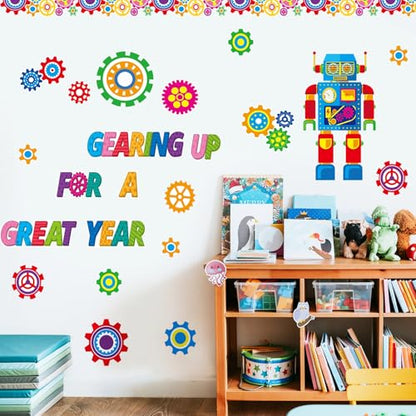 Fulmoon 52 Pcs Gear Bulletin Board Set Classroom Steam Robot Wall Decor