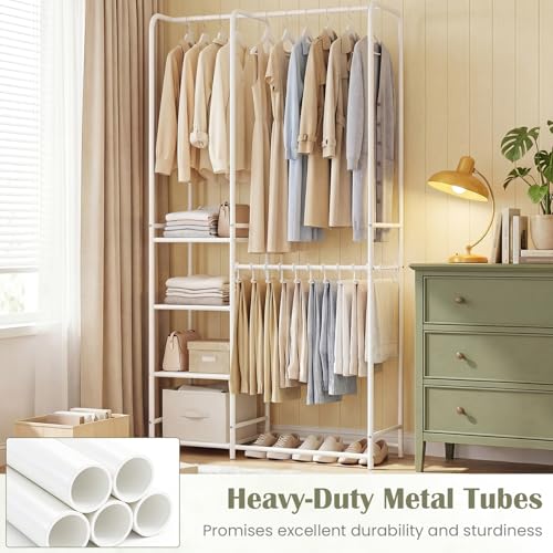 GIANTEX Clothes Rack with Pants Hangers, Heavy-Duty Metal Clothing Rack with 2 Hanging Rods & 4 Storage Shelves, Freestanding Garment Racks, Closet Organizer for Bedroom, Cloakroom (White) - color: White