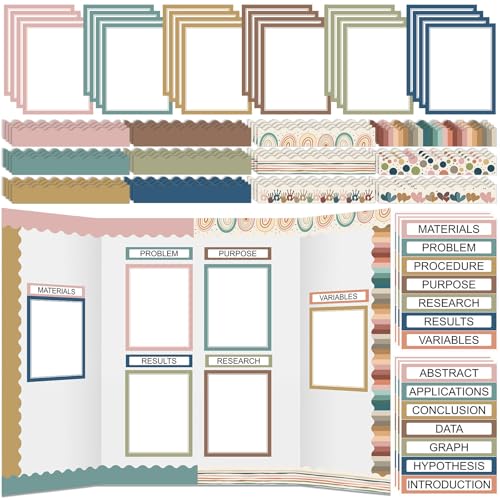 Fuyoooo 90 Pcs Science Fair Board Supplies 60 Trim Scalloped Bulletin Board Borders 24 Presentation Board Subtitles 6 Science Fair Titles for Classroom Display Boards(Boho) - style: Boho