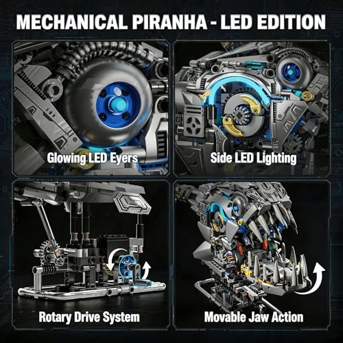 Mechanical Building Blocks Set with Light for Adults, Piranha Fish Model - color: Piranha