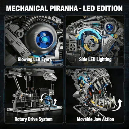 Mechanical Building Blocks Set with Light for Adults, Piranha Fish Model - color: Piranha