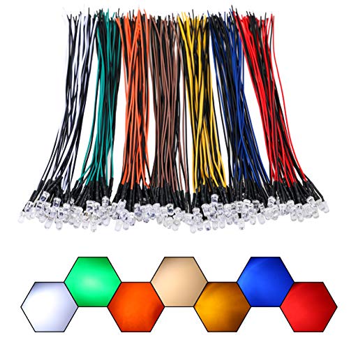 140pcs (7 Colors x 20pcs) 12 Volt LED Lights Emitting Diodes Pre Wired DC 12v 5mm LED Assorted Kit Clear Lens- White Warm-White Red Yellow Green Blue Orange Small LED Lamps - color: [02] 7 Colors X 20 Pcs / 140 Pcs, style: 5mm Solid Light