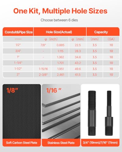 VEVOR Knockout Punch Set, 10 Ton Hydraulic Knockout Set, 1/2" to 2" KO Tool Kit Hole Making Tool, KO Tools Kit W/6 Dies for Metal Electrical Cabinets, Electrical Control Cabinets, Switch Cabinets - style: 10 Ton Hydraulic Knockout Set