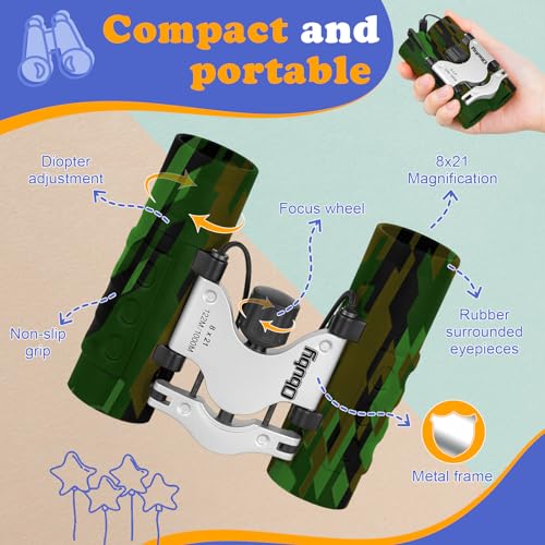 Real Binoculars for Kids Gifts for 3-12 Years Boys Girls 8x21 High-Resolution Optics Compact Toy Binocular for Bird Watching,Travel, Camping - color: Camo