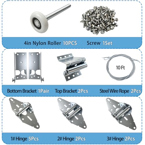 Garage Door Hardware kit, for 7' Height Garage Doors,Includes Rollers/Hinges/Bottom Bracket/Top Bracket/Wire Rope/Screw Pack - size: 7Ft Door