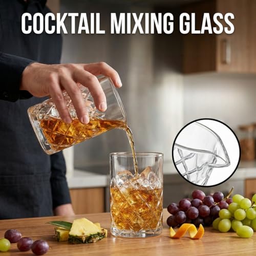 Tebery Seamless Crystal Cocktail Mixing Glass for Stirring Drinks, 16Oz Thick Bottom Bar Mixing Pitcher, Stirring Glass Drink Maker for Bar, Bartenders - size: 15 Ounces