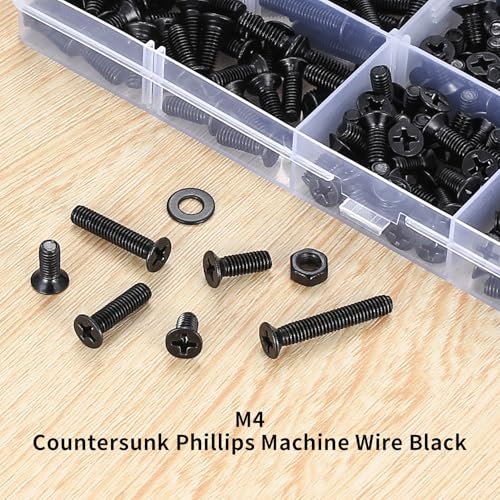 585 Pcs M4 Screws and Nuts Set, Countersunk Bolts and Nuts Assortment, Black Phillips Flat Head Machine Screws with Washers Set(M4 Screw Kit, Black) - size: M4 - 585