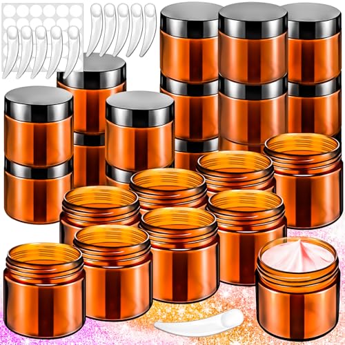 16 Pack 2oz Amber Plastic Jars, 60ml Empty Small Round Cosmetic Jars Refillable Makeup Containers Leakproof Travel Cosmetic Containers with Black Lids for Sample Cream Lotion Powder Ointment - color: Amber, size: 2oz