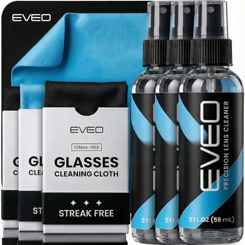 EVEO Eyeglass Cleaner Spray - No Streaks Technology with Microfiber Cleaning Cloth- Glasses Cleaning Kit - Glasses Cleaner Spray with Lens Cleaner Cloth - Screen & Eye Glasses Kit - 3 Pack - size: 6 Piece Set