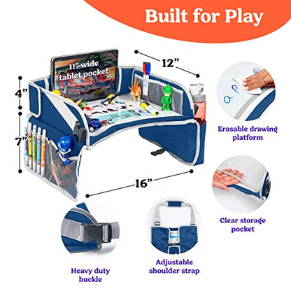 PILLANI Kids Travel Tray for Car - Toddler Travel Essential with iPad Holder & Dry Erase Board - Road Trip Essentials - Carseat Table - Toddler Lap Desk Organizer for Airplane - Kids Travel Essentials - color: Blue
