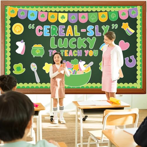 St. Patrick's Day Bulletin Board Set March Classroom Decorations Lucky Shamrock Unicorn Paper Cutouts St. Patrick's Day Green Bulletin Board Borders for School Wall Door Decor - style: Luck to Teach You