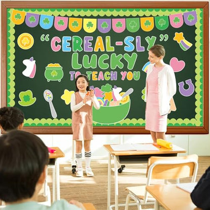 St. Patrick's Day Bulletin Board Set March Classroom Decorations Lucky Shamrock Unicorn Paper Cutouts St. Patrick's Day Green Bulletin Board Borders for School Wall Door Decor - style: Luck to Teach You