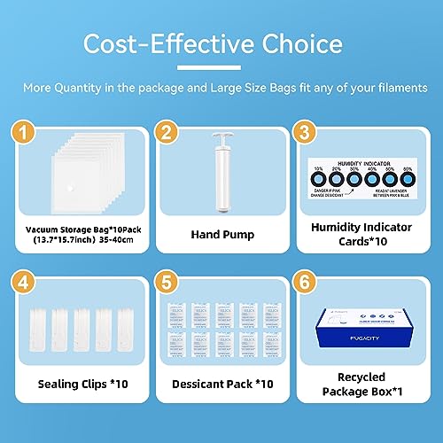 3D Printer Filament Storage Vacuum Bags Kit-Reusable Bag ×10 Pack 35 * 40cm with 10 Desiccants /10 Humidity Card /10 Clips/1 Hand Pump,DustProof and Humidity Resistant for Keep Filament Clean & Dry