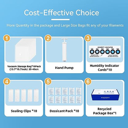 3D Printer Filament Storage Vacuum Bags Kit-Reusable Bag ×10 Pack 35 * 40cm with 10 Desiccants /10 Humidity Card /10 Clips/1 Hand Pump,DustProof and Humidity Resistant for Keep Filament Clean & Dry