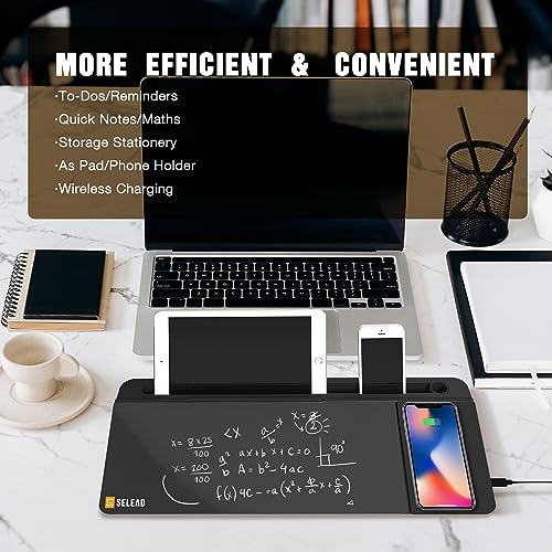 SELEAD Desktop Glass Whiteboard with Wireless Charger and Storage, Black - color: Black, size: 16"x7"
