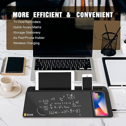 SELEAD Desktop Glass Whiteboard with Wireless Charger and Storage, Black - color: Black, size: 16"x7"