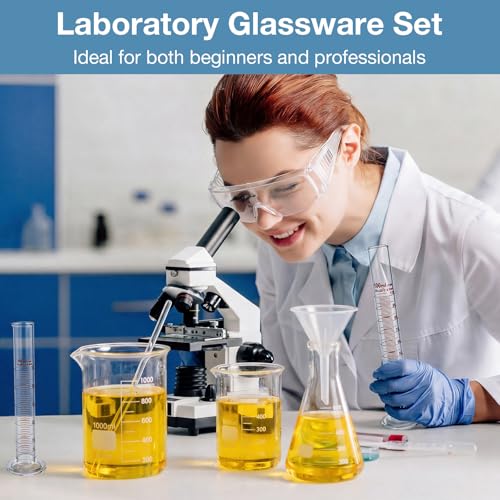 Tallew 9 Pcs Lab Glass Beaker Set Includes Glass Graduated Cylinder 500ml 1000ml Erlenmeyer Flask 500ml Graduated Cylinder Set 10ml 50ml 100ml with 1 Droppers 1 Stirring Rods Plastic Funnel