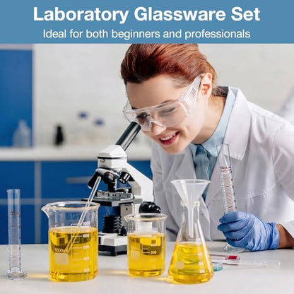 Tallew 9 Pcs Lab Glass Beaker Set Includes Glass Graduated Cylinder 500ml 1000ml Erlenmeyer Flask 500ml Graduated Cylinder Set 10ml 50ml 100ml with 1 Droppers 1 Stirring Rods Plastic Funnel