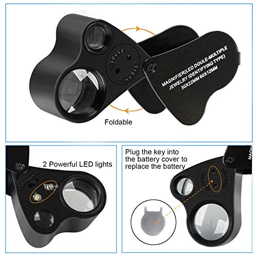 JARLINK 2 Pack 30X 60X Foldable LED Jewelers Loupe Magnifier - color: White,black