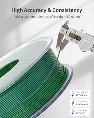 Silk PLA Filament 1.75mm Dual Color Blue Green 1KG, Metal-Like Shiny 3D Printer Filament, Precision ±0.02mm, Neatly Wound, No Clog/Bubble, Durable, Excellent Layer Adhesion, Fits Most FDM Printers - color: Silk Dual-blue Green