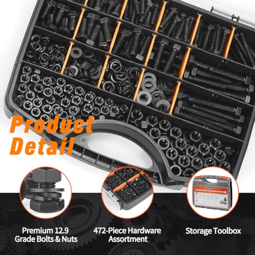 12.9 Grade Bolts and Nuts Assortment, 472pcs M6 M8 Hex Bolt Nut Washers Kit - size: M6 M8 Kits