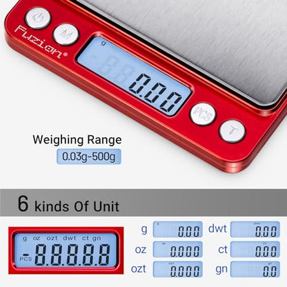 Fuzion Digital Scale .01 Gram Accuracy, 500g Small Kitchen Food Scales - color: Red