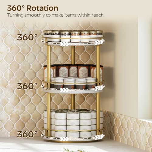 Yatiney 3-Tier Lazy Susan, Rotating Spice Rack, Spinning Organizer, Industrial Turntable Spice Rack for Cabinet, Kitchen Countertop, Pantry, White and Gold SR23DW - color: White + Gold, size: 10.2"L x 10.2"W x 18"H