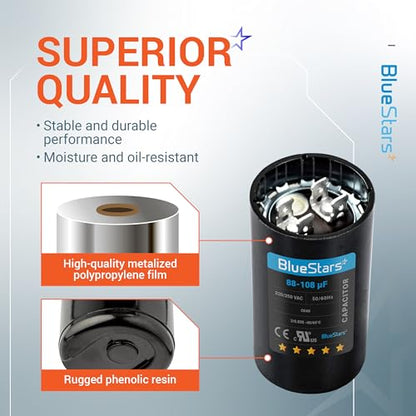 [2025 Upgraded] BlueStars 88-108 uF MFD 220-250VAC Motor Start Capacitor - size: 88-108 MFD 220-250 VAC