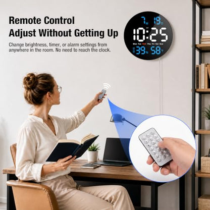 10 Inch Large Digital Wall Clock, LED Round Electric Clocks with Dual Timers (Count Up/Down), 12/24hr Mode, Date, Temperature, Remote Control for Classroom, Home Office, Bedroom (Blue) - color: Blue