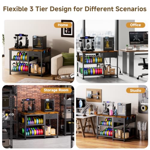3D Printer Stand with Filament Storage Rack, Heavy Duty 3D Printer Table with Power Outlet, 3-Tier Filament Holder with Drawer, 3D Printer Filament Stand Organized for Office Workshop Studio - color: Brown 3-Tier