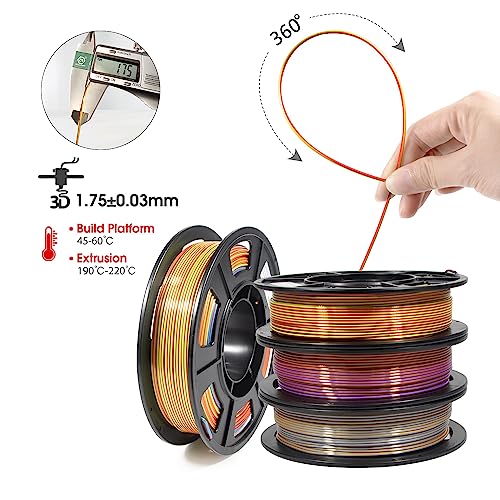 iSANMATE 3D Printer Filament, Tri-Color PLA Filament 1.75mm Bundle, Color Changing PLA Rainbow Filament, Coextrusion Silk PLA +/- 0.03 mm, 250g x 4 Spool - color: A- 4 Pack Tri-color