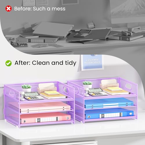 Paper Organizer with Handle,2P-3 Tier Purple Desk Organization Set - color: 2 Pack 3 Tier - Purple, size: 12.6" x 9.1" x 8.1"