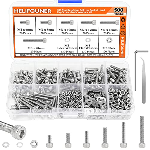 HELIFOUNER 500 Pieces M3 x 6mm /8mm /10mm /12mm /16mm /20mm, Hex Socket Head Cap Metric Screws Bolts Washers Nuts Kit, 304 Stainless Steel - size: M3