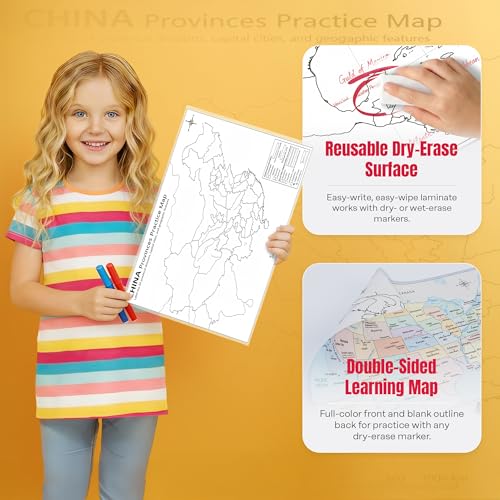 China Map Poster 11x17 | Laminated Double-Sided Geography Chart with Color Map Front & Blank Outline Back | Reusable Classroom & Homeschool Learning Tool - color: China