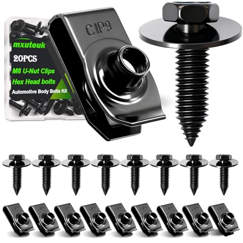 mxuteuk M8-1.25 U-Nut Clips & Hex Head Automotive Body Fender Bolts Kit,for Most Cars Fender,Engine Undertray Cover, Engine Cover & Bumper Fender Liner - color: Black/M8-1.25