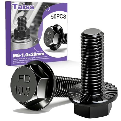 Taiss 50PCS M6-1.0 x 20mm Metric Flange Hex Head Bolts,Hex Drive Screws 10.9 Black Zinc Plated Alloy Steel,m6x1.0 Bolt,Full Thread Hex Bolts - color: BK M6x20mm