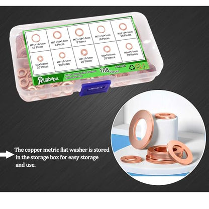188 PCS Copper Crush Washer Metric Oil Drain Plug Assortment Kit Sealing Washers 9 Sizes（M5 M6 M8 M10 M12 M14） - size: 188PCS