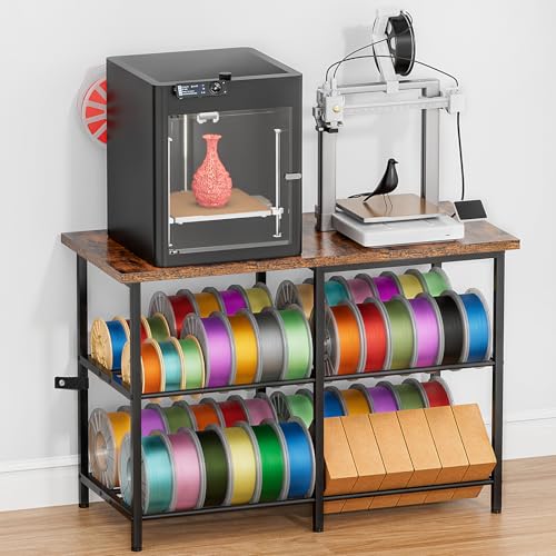 3D Printer Stand with Filament Storage, Heavy Duty Metal 3D Printer Table for 2 Printers, Anti-Vibration 3D Print Desk with Spool Holder for Workshop, Studio, Home Office - color: Brown