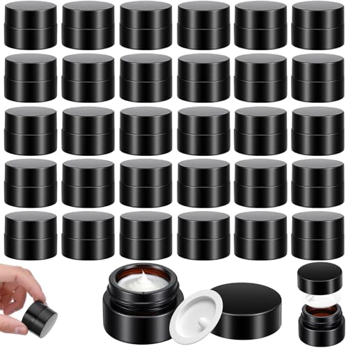 30 Pack Small Sample Containers with Lids, 5ml Amber Glass Sample Jars for Cosmetics, UV Protection Refillable Mini Jars for Skincare, Cream, Essential Oil Storage (1.3" x 1.3" x 1")