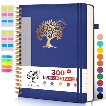 PERCUN Spiral Notebook 300 Numbered Lined Pages Hardcover Journal 8.5"x11" - color: Navy, size: A4 size (8.5in x 11.5in)