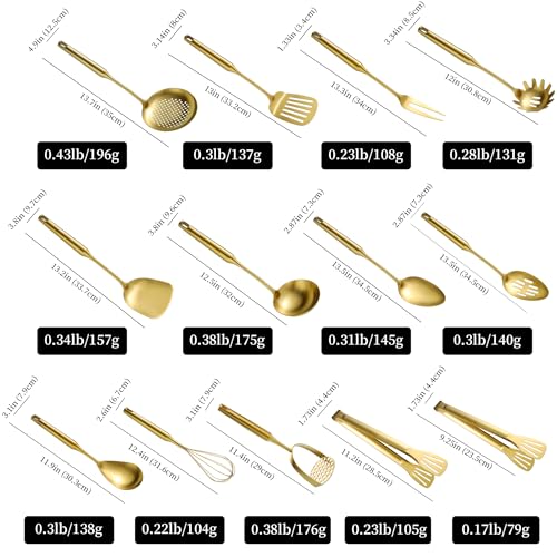 Gold Kitchen Cooking Utensils Set 13 PCS Stainless Steel 12-13.7" - color: Gold-13