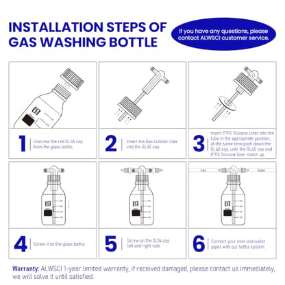 ALWSCI 1000ml Gas Washing Bottle Lab Glass Drechsel Head GL45 1Set - size: 33.8 Ounces