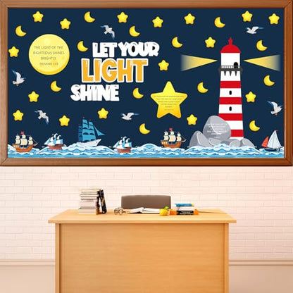 109Pcs Christian Religious Bulletin Board Set Let Your Light Shine Classroom Decoration VBS 2026 Bible Verse Lighthouse Paper Cutout for Church Easter Sunday School Chalkboard Door Wall Decor - style: Shining Light