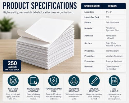 Veritack™ 250, Large Removable Labels for Bins, 4" x 6", Easy to Write, No Residue, for Storage Containers, Garage, Pantry, Closet & Home Organization, Moisture Resistant, Freezer & Refrigerator Safe