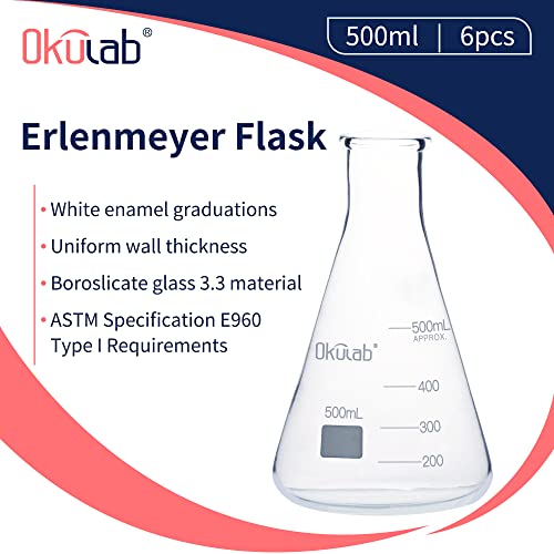 Conical Flasks Set, 500 mL Glass Erlenmeyer Flasks, Narrow Mouth, 3.3 Borosilicate Glass Conical Flask Set (case of 6) for Lab, Classroom, Craft, Kitchen, EFNG500A6 - style: Vol.500ml, pack of 6