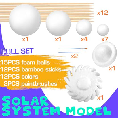 Solar System Model Foam Ball Kit, Planet Model Crafts Includes 14PCS Mixed-Sized Balls, 12 Color Pigments, 12PCS Long Sticks, 2PCS Painting Brushes for School Classroom DIY Projects, Science Projects