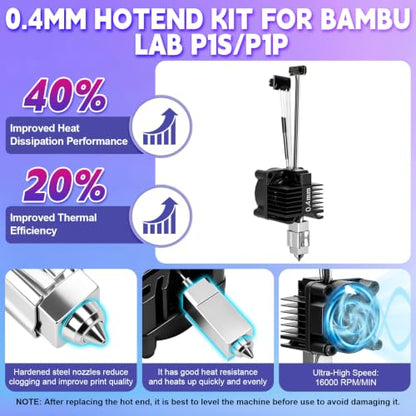 2Pack 0.4MM Hotend Kit for Bambu Lab P1S/P1P, Integration P1S Hotend with Fan, High Speed Printing P1S Extruder Heating Block P1S Hot End and Filament Cutter Blade for Bambu Lab P1 Series 3D Printers - size: P1S Hotend Kit-11