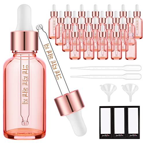 PrettyCare Glass Eye Dropper Bottles 2oz (60ml), 24 Pcs Rose Empty Thick Large Bottles Bulk with Leakproof Caps - With Labels & Funnels for for Storage, Travel,Essential Oils, Skincare, Tincture - color: 2oz Rose, style: 24 Pack