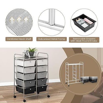 COSTWAY 10 Drawer Rolling Storage Cart, Utility Cart with Lockable Wheels - color: Mixed Black, size: 10 Drawer